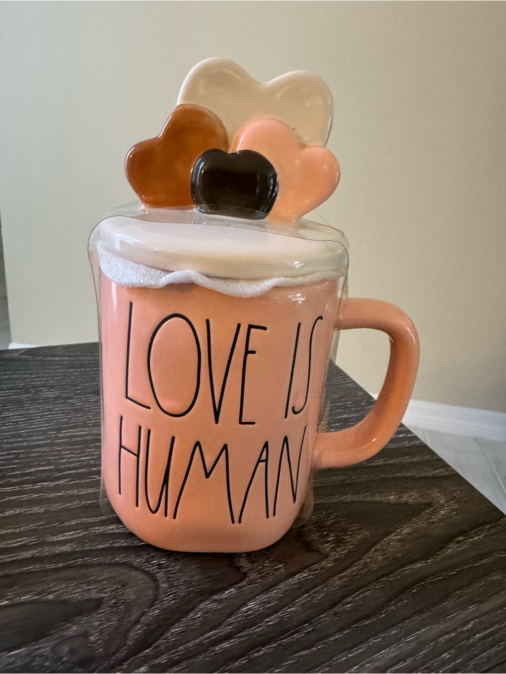 Rae Dunn Peach Ceramic Mug with Heart Lid - 'Love Is Human'